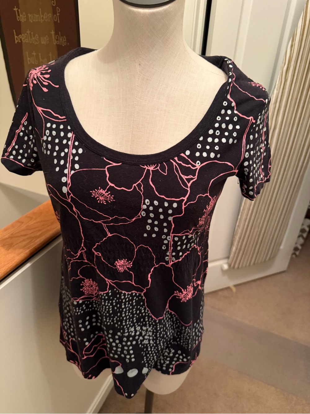 Lilu Black Tee with Pink Floral and White Dot Print